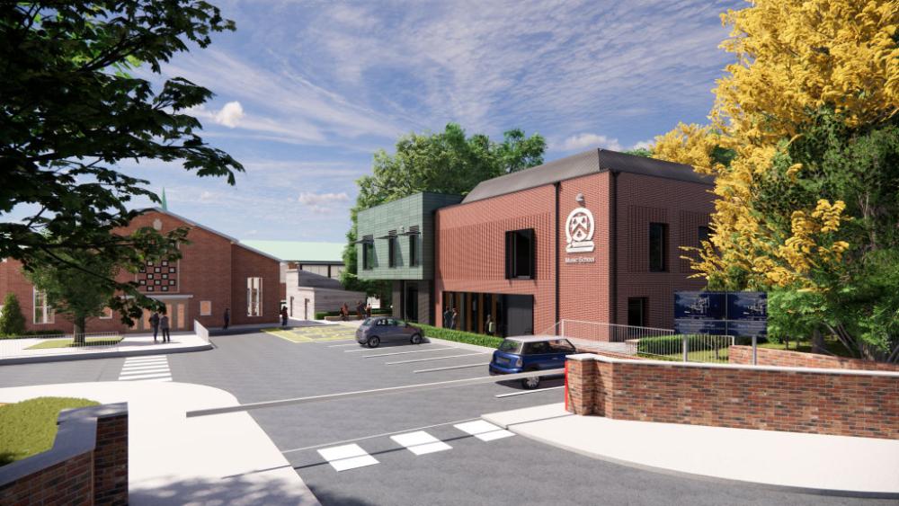 Graphic illustration of new building as viewed from the campus entrance